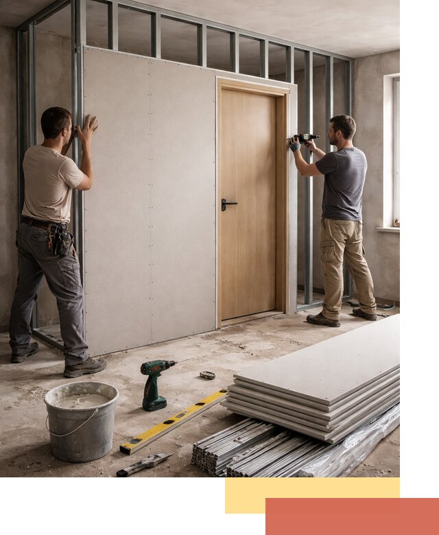 Перегородка из гипсокартона с дверью под ключ в Троицке