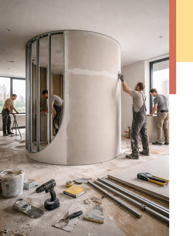 Радиусная перегородка из гипсокартона в Троицке от 2990 руб. под ключ | ОТДЕЛОЧНИК-Трц