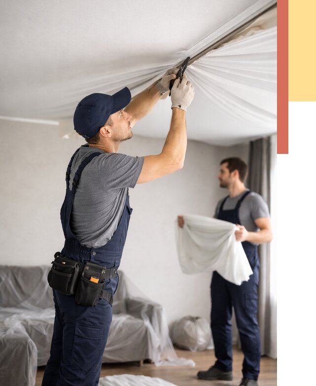 Демонтаж натяжного потолка в Троицке от 4640 руб. — снятие и разбор под ключ | ОТДЕЛОЧНИК-Трц