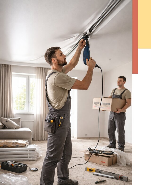 Монтаж сатинового натяжного потолка в Троицке от 3609 руб. | Быстро, недорого — ОТДЕЛОЧНИК-Трц