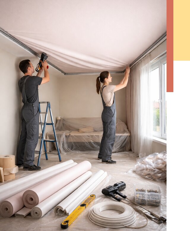 Монтаж цветного натяжного потолка в Троицке от 4331 руб/м² — быстро и недорого | ОТДЕЛОЧНИК-Трц