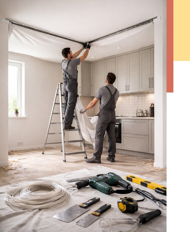 Установка натяжного потолка на кухне в Троицке от 2475 руб. | ОТДЕЛОЧНИК-Трц