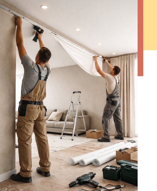 Монтаж натяжного потолка в гостиной в Троицке от 567 руб. | ОТДЕЛОЧНИК-Трц