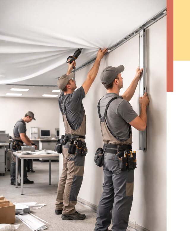 Монтаж натяжного потолка в офисе в Троицке от 464 руб/м² — быстро и недорого | ОТДЕЛОЧНИК-Трц