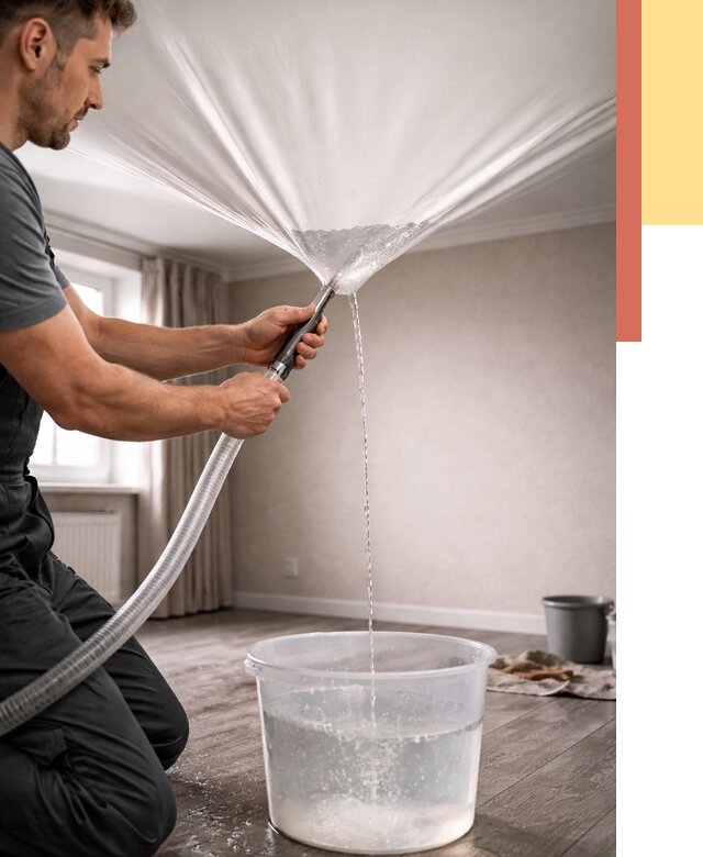 Слив воды с натяжного потолка в Троицке от 2578 руб. быстро и недорого | ОТДЕЛОЧНИК-Трц