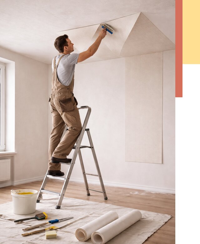 Поклейка обоев на потолок в Троицке от 4640 руб. быстро и недорого | ОТДЕЛОЧНИК-Трц